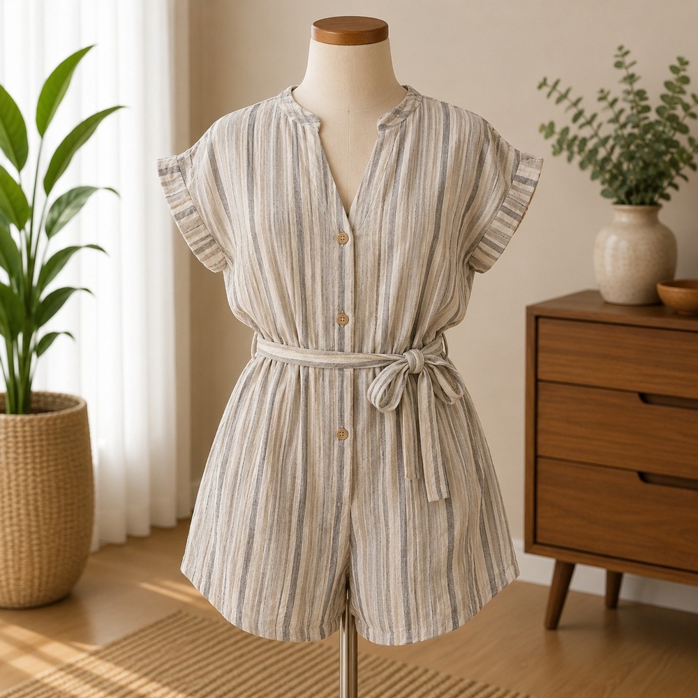 NWT Cupshe Button Front Dress Womens Large Black White Chevron Stripe Tie Waist